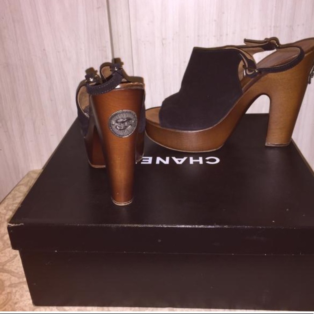 CHANEL Black Satin Quilted Cork Platform